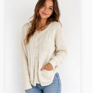 Western Connection Womens Large Cream Cable Knit Button Front Cardigan Sweater